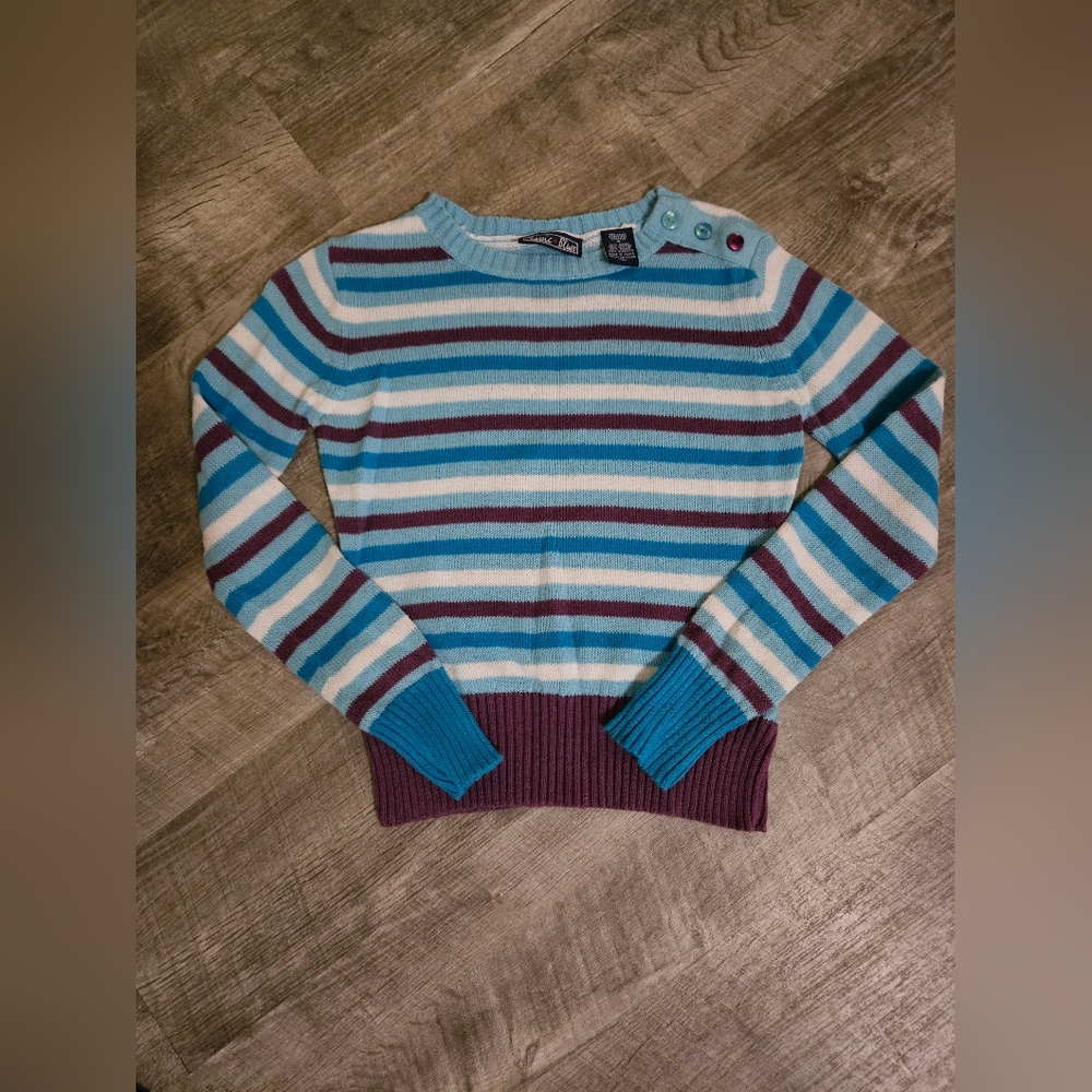 Girls Striped Sweater Buttons on shoulder for decoration. Size Med